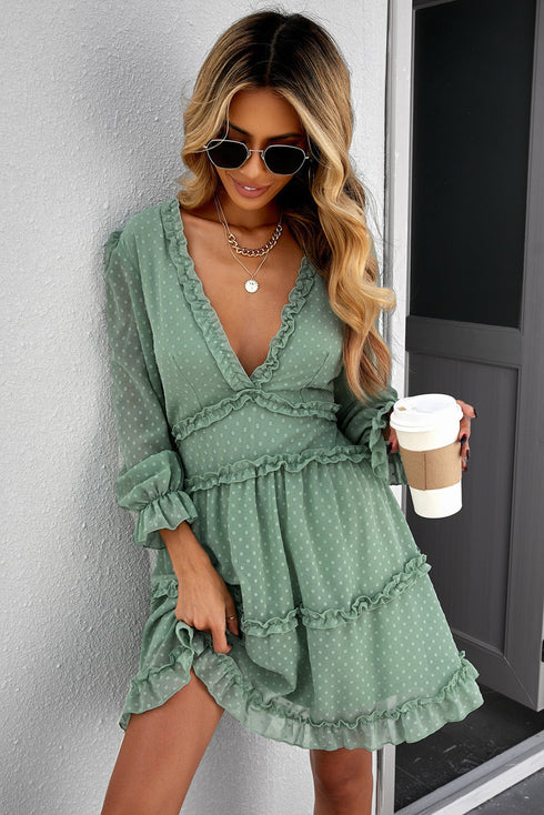Layered Ruffled Open Back Puff Sleeve Swiss Dot Mini Dress